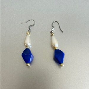 Cream and Blue Geometric Pearl Earrings